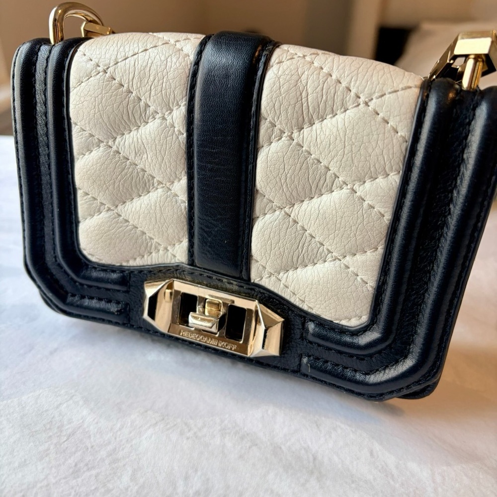 Rebecca Minkoff Mini Small Love Crossbody Bag Black White Leather Gold Chain